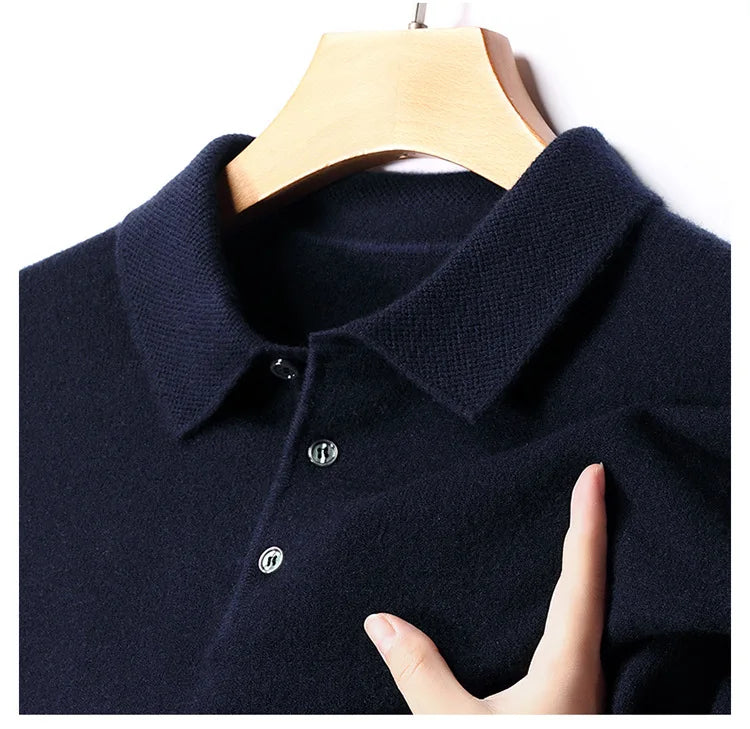 Autumn and Winter New Men's 100 Pure Wool Sweater Lapel Pullover T-shirt Polo Collar Wool Knitted Long Sleeve Fashion Sweater