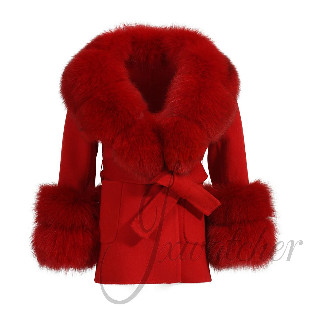 Jxwatcher Girls' Cashmere Wool Winter Coat with Luxurious Real Fox Fur Collar-Mid-Length Fashion Overcoat for Autumn & Casual Wear.