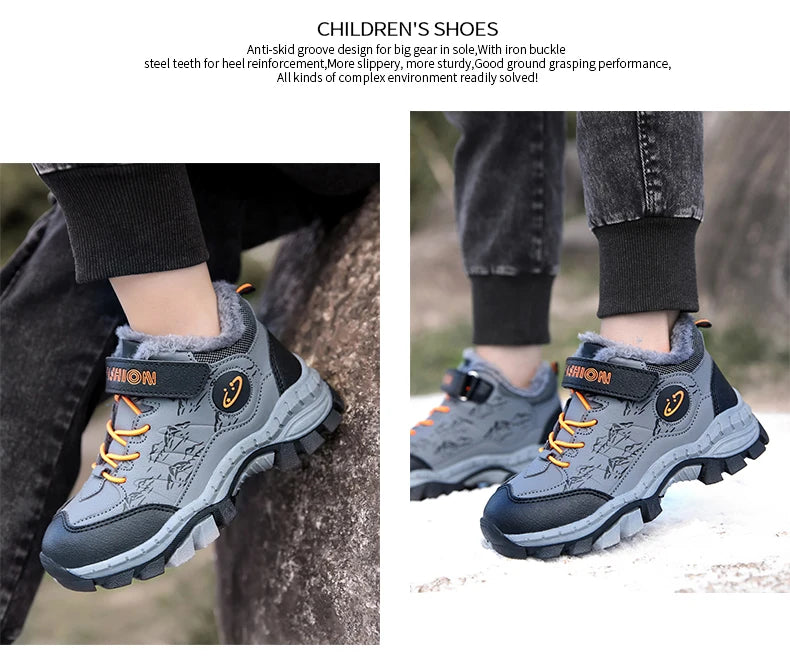 BOELOKTH Stylish Winter Boy Boots-Non-Slip Plush Sneakers for Kids / Cozy Snow & Hiking Shoes for Outdoor Adventures.