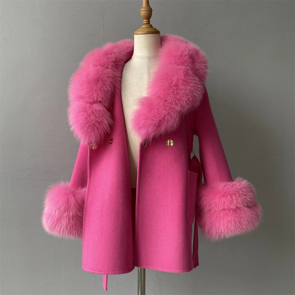 Jxwatcher Girls' Cashmere Wool Winter Coat with Luxurious Real Fox Fur Collar-Mid-Length Fashion Overcoat for Autumn & Casual Wear.