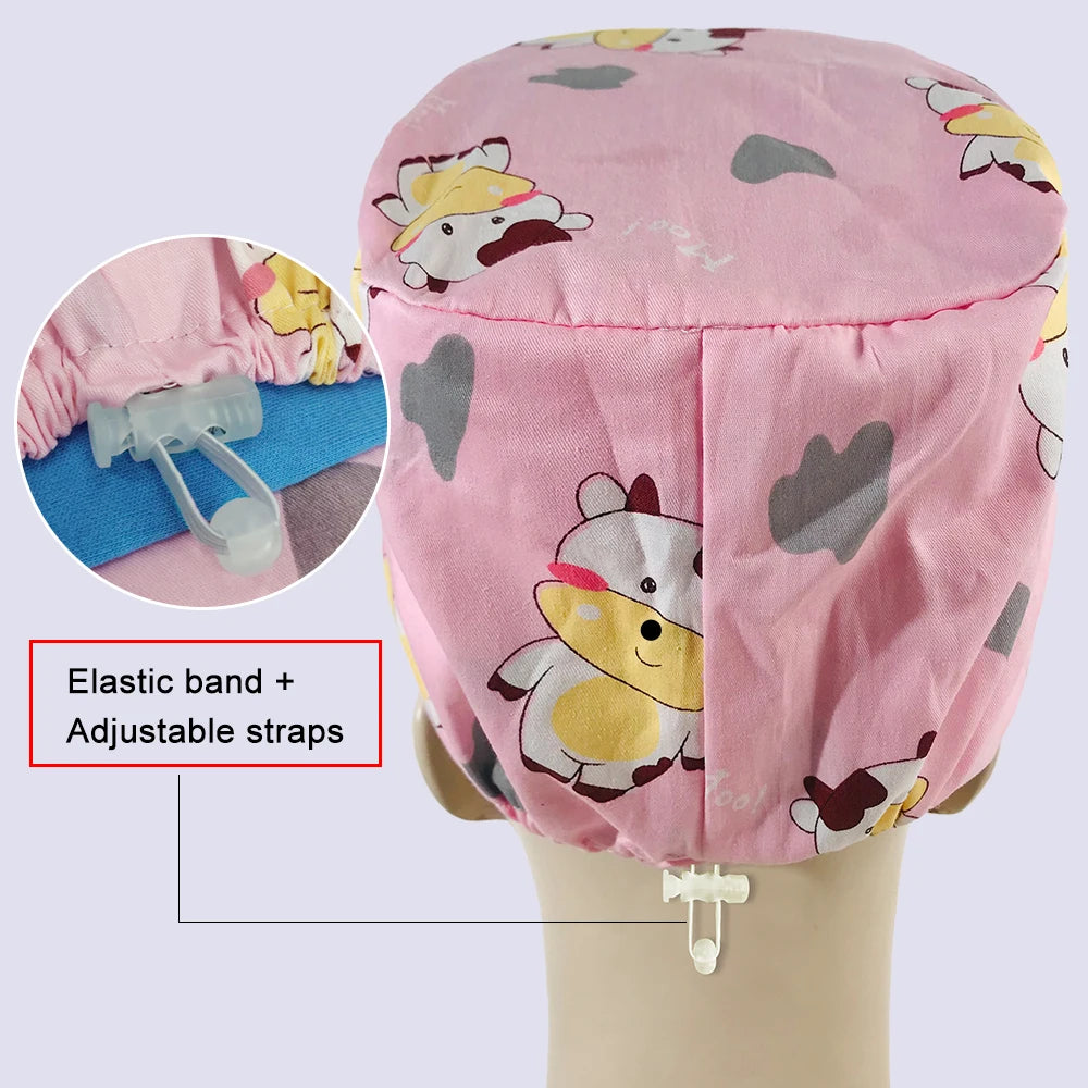 NiaaHinn Cotton Scrub Cap Pet Grooming Work Hat with Elastic Buckle Printing Frosted Laboratory Work Accessories Unisex Nursing Cap