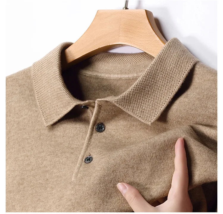 Autumn and Winter New Men's 100 Pure Wool Sweater Lapel Pullover T-shirt Polo Collar Wool Knitted Long Sleeve Fashion Sweater