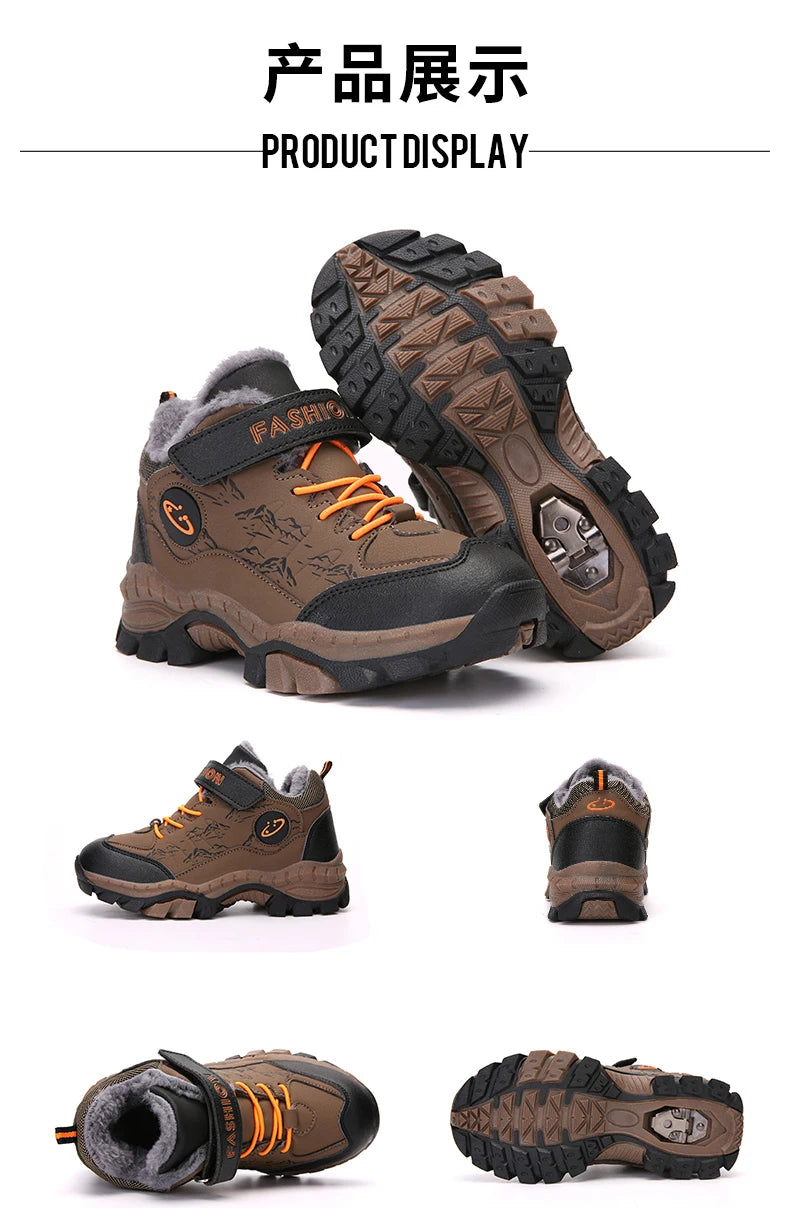 BOELOKTH Stylish Winter Boy Boots-Non-Slip Plush Sneakers for Kids / Cozy Snow & Hiking Shoes for Outdoor Adventures.