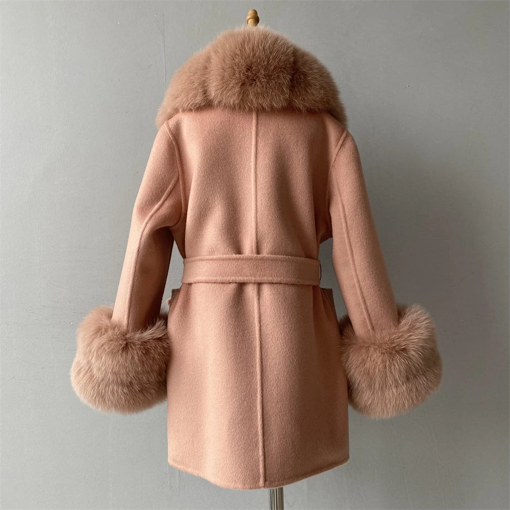 Jxwatcher Girls' Cashmere Wool Winter Coat with Luxurious Real Fox Fur Collar-Mid-Length Fashion Overcoat for Autumn & Casual Wear.