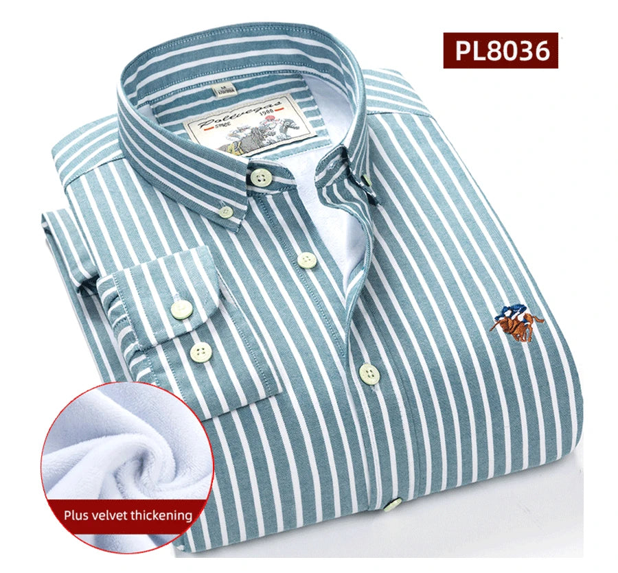 Warm 100% Cotton Men's Shirts Plus Size 8XL Long Sleeve for Office Polo Soft Striped Top with Plush Thickening for Winter