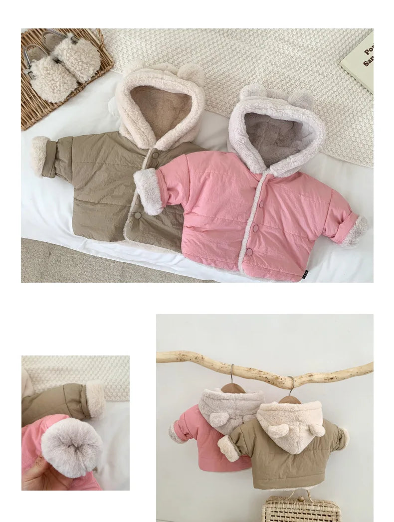 Kids-Baby Girl Winter Clothes Jacket Thick Cartoon Bear Hooded Lamb Collar Infant Child Warm Cotton Coat.