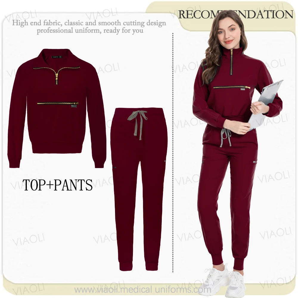 VIAOL High-Performance Medical Scrubs-Long Sleeve Jacket & Jogging Pants Set.