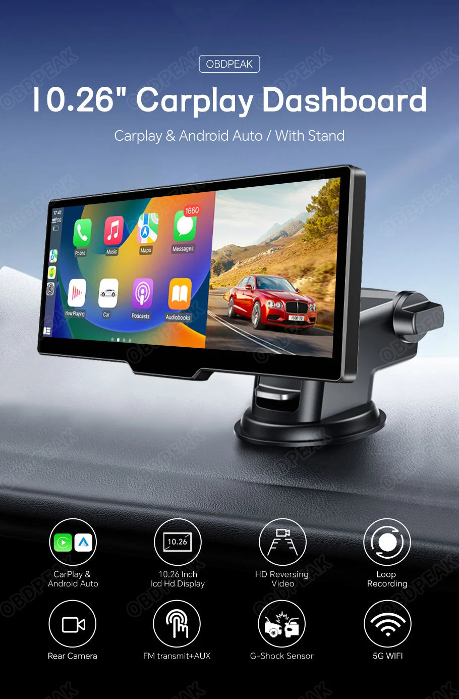 OBDPEAK T20 10.26" Dash Cam  Rearview Camera Carplay & Android Auto Smart Player  GPS Navigation Car DVR FM Mirror Monitor