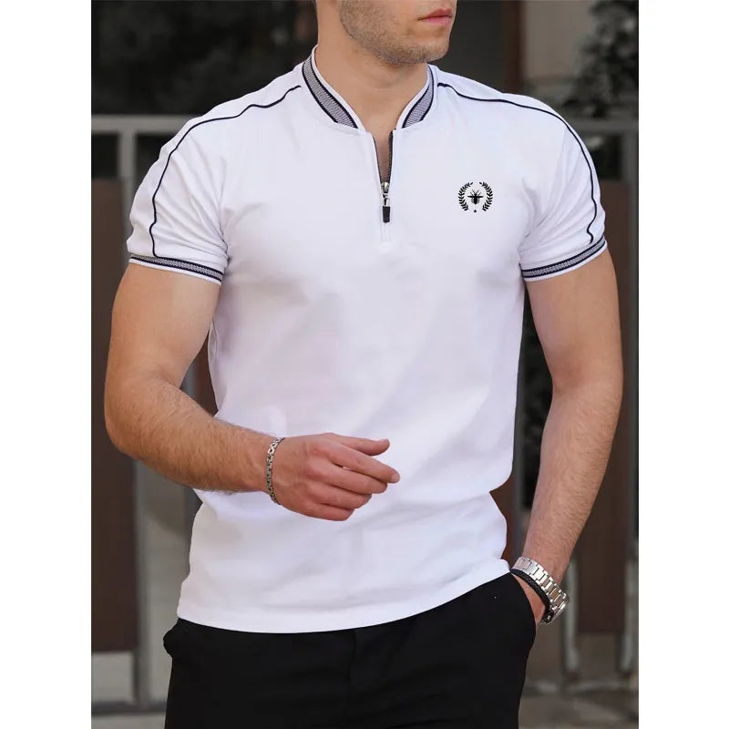 High Quality Summer Men's New T-shirt Stand Neck Zipper Casual Short Sleeve.