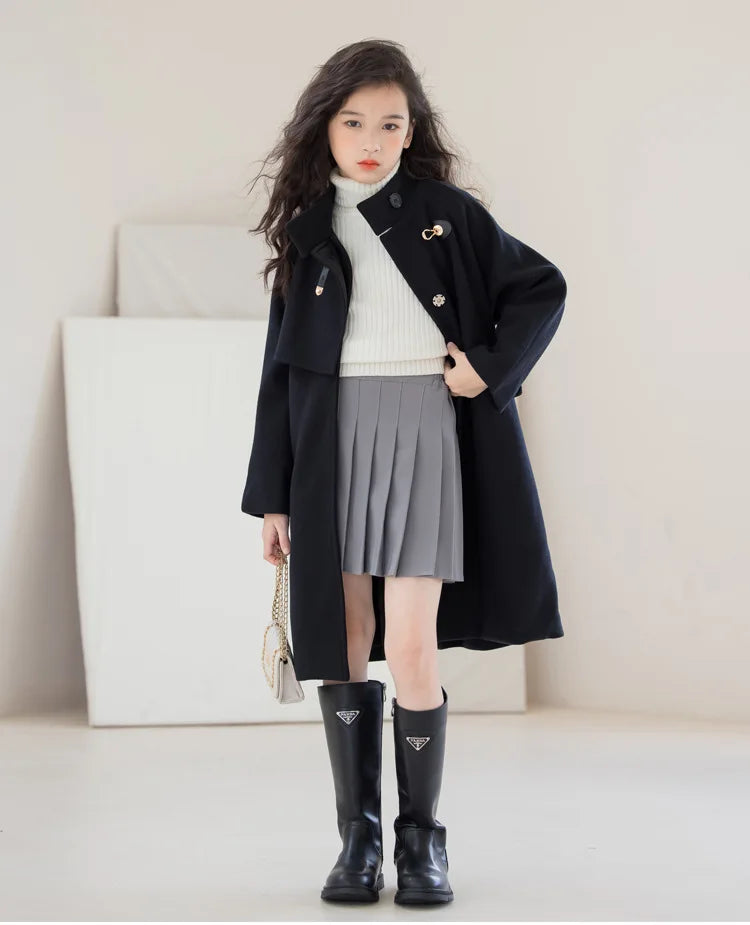 Girls' Elegant Black Mid-length Double-Face Tweed Overcoat-Stylish Winter Wool Outerwear for Ages 10-14.