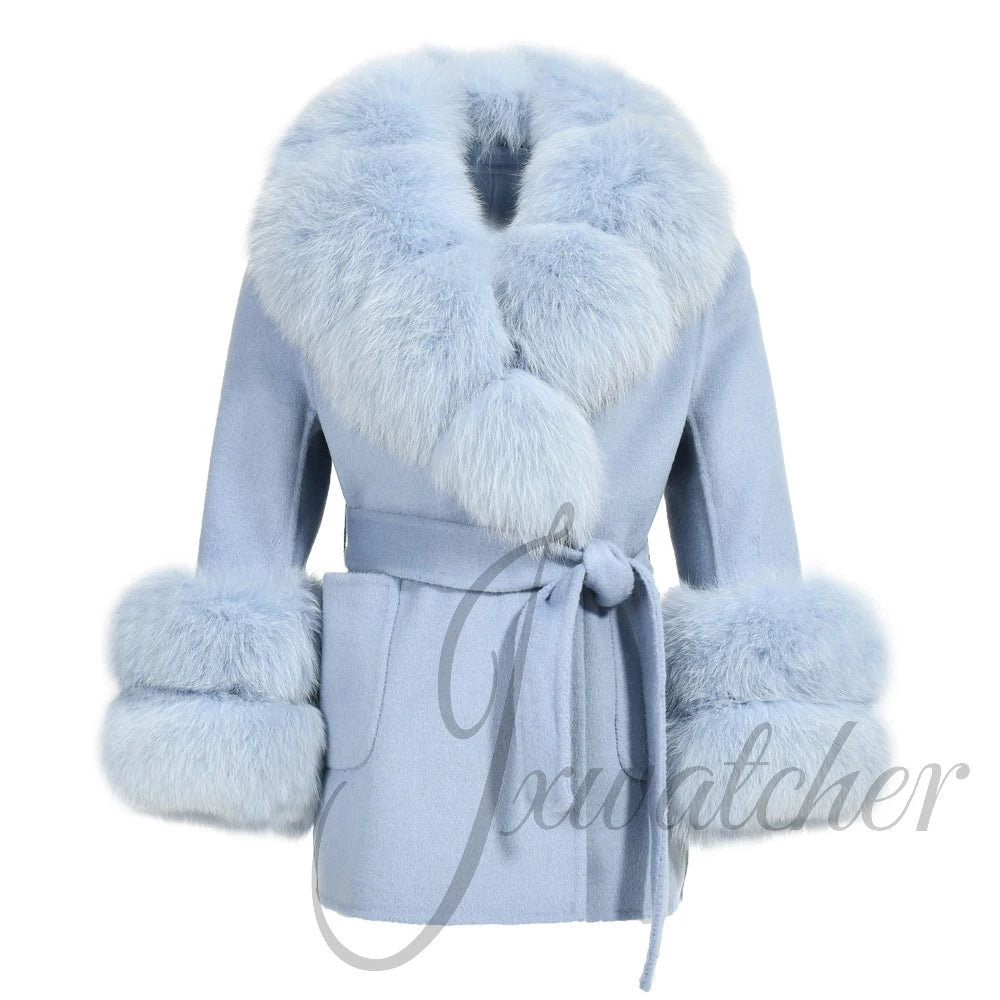 Jxwatcher Girls' Cashmere Wool Winter Coat with Luxurious Real Fox Fur Collar-Mid-Length Fashion Overcoat for Autumn & Casual Wear.