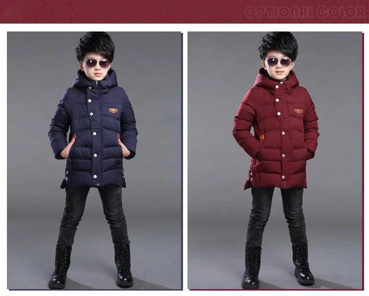 NoEnName_Null Boys' Hooded Plus Velvet Jacket-Warm Mid-Length Coat for Ages 4-10.