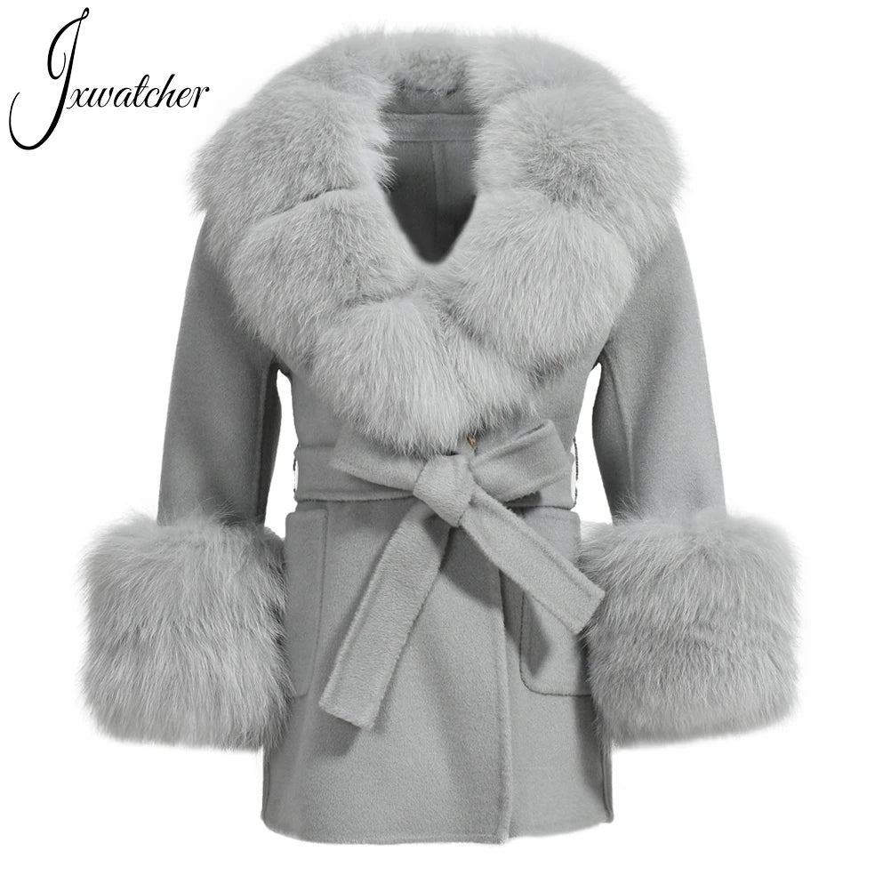 Jxwatcher Girls' Cashmere Wool Winter Coat with Luxurious Real Fox Fur Collar-Mid-Length Fashion Overcoat for Autumn & Casual Wear.