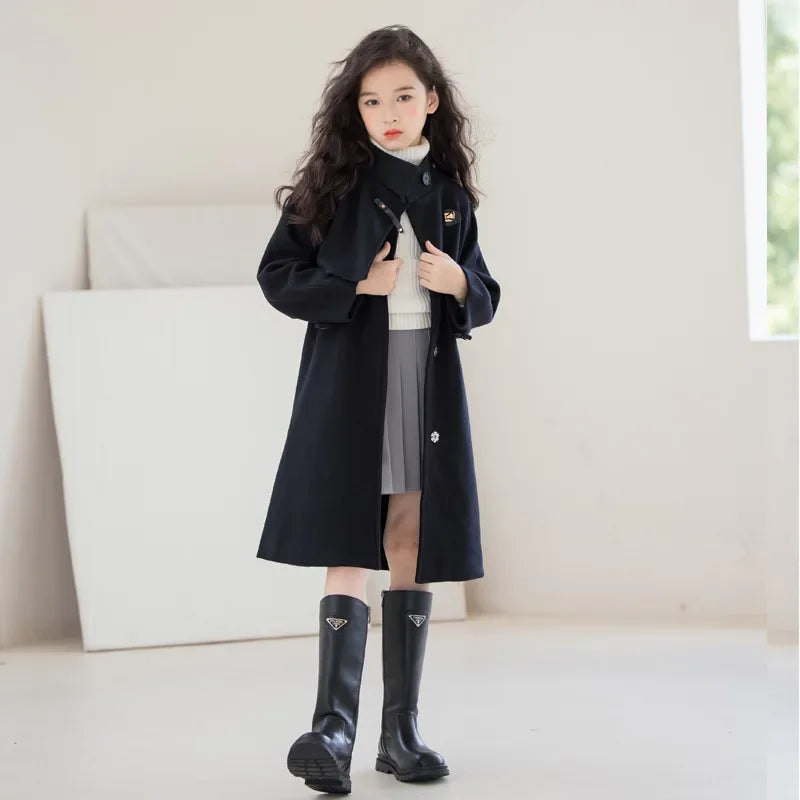 Girls' Elegant Black Mid-length Double-Face Tweed Overcoat-Stylish Winter Wool Outerwear for Ages 10-14.