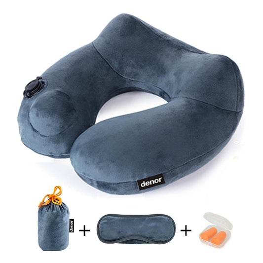 DENOR Press-inflatable neck U-shaped pillow soft and comfortable crystal velvet ergonomic cervical pillow portable travel pillow