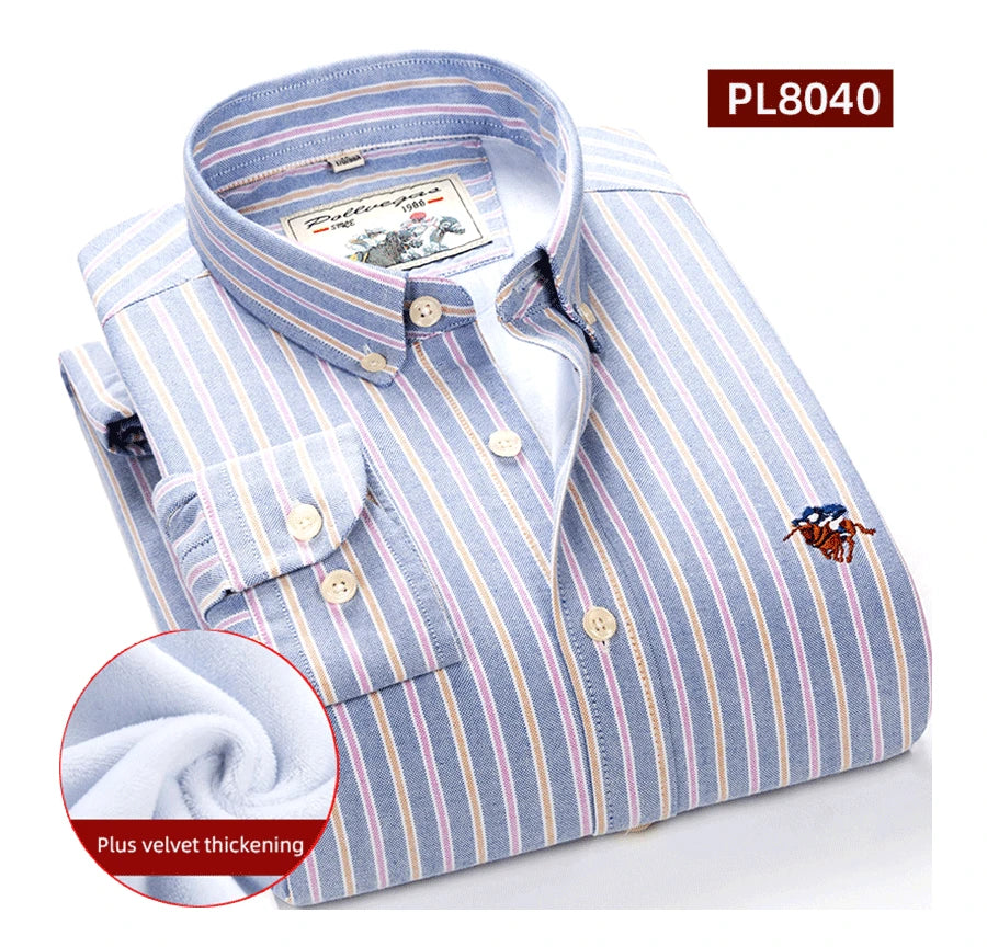 Warm 100% Cotton Men's Shirts Plus Size 8XL Long Sleeve for Office Polo Soft Striped Top with Plush Thickening for Winter