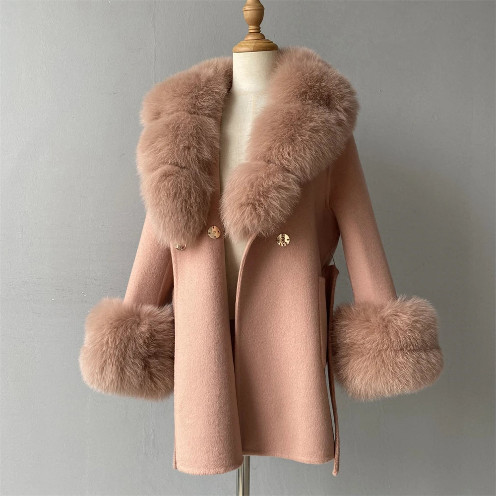 Jxwatcher Girls' Cashmere Wool Winter Coat with Luxurious Real Fox Fur Collar-Mid-Length Fashion Overcoat for Autumn & Casual Wear.