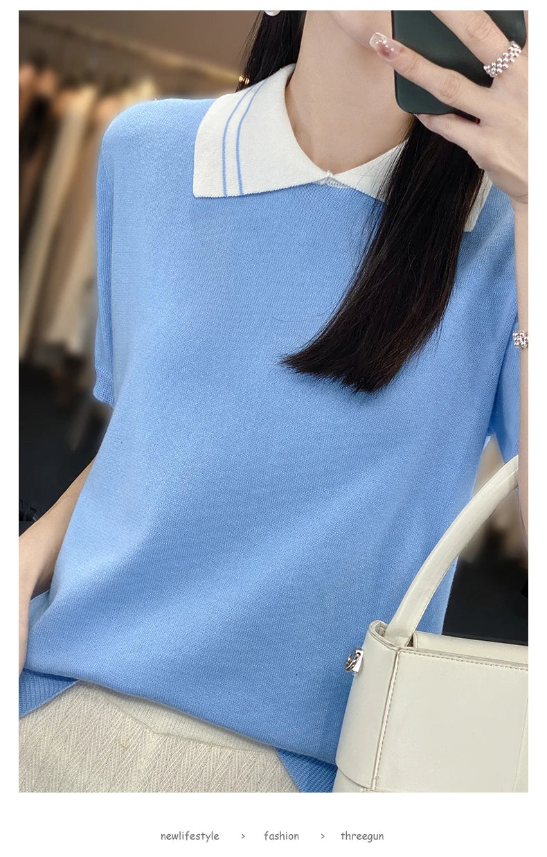 New 100% Pure Cotton Knit Casual Doll collar Pullover Short Women's T-shirt Summer sleeved POLO Neck Loose Fashion Top T-shirt