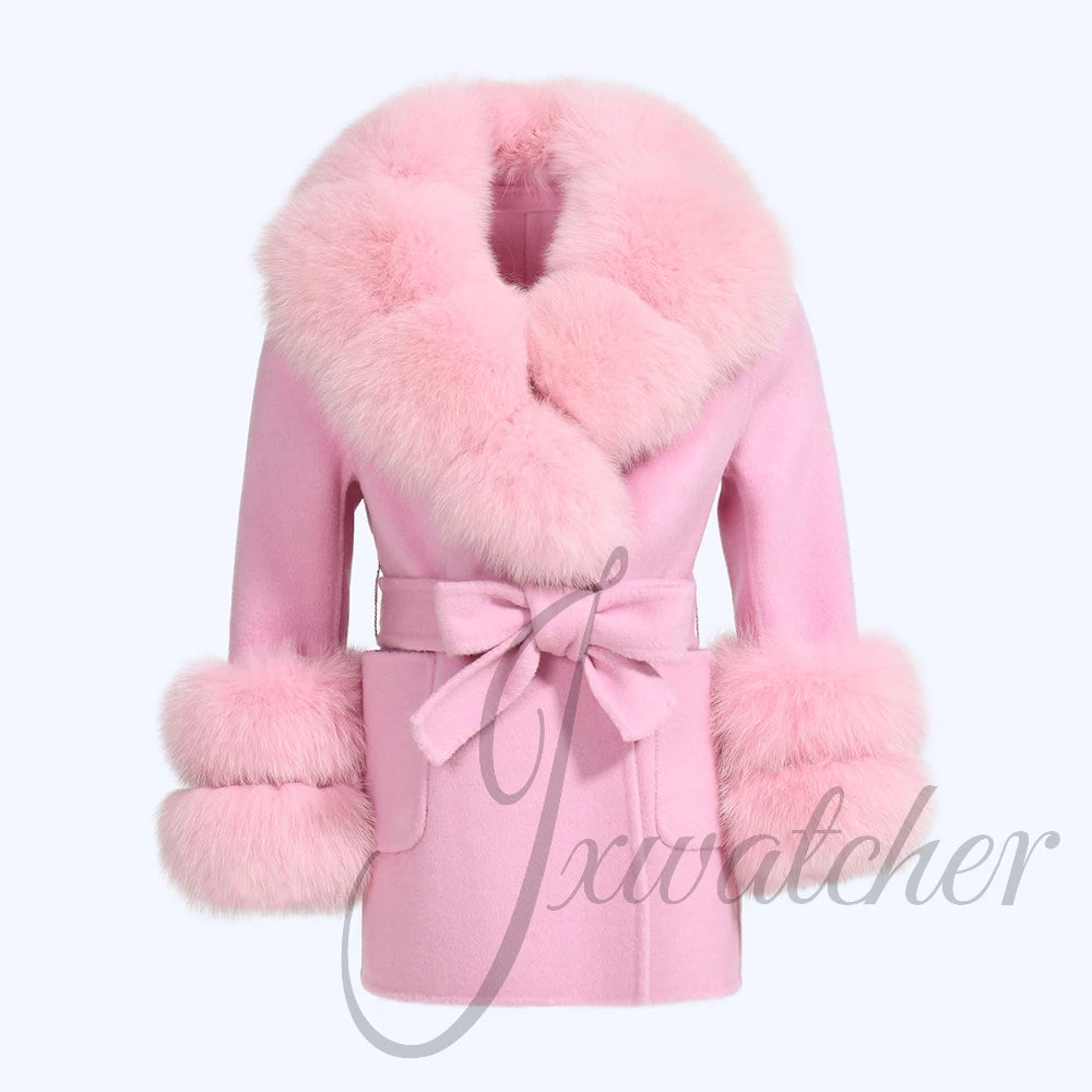 Jxwatcher Girls' Cashmere Wool Winter Coat with Luxurious Real Fox Fur Collar-Mid-Length Fashion Overcoat for Autumn & Casual Wear.