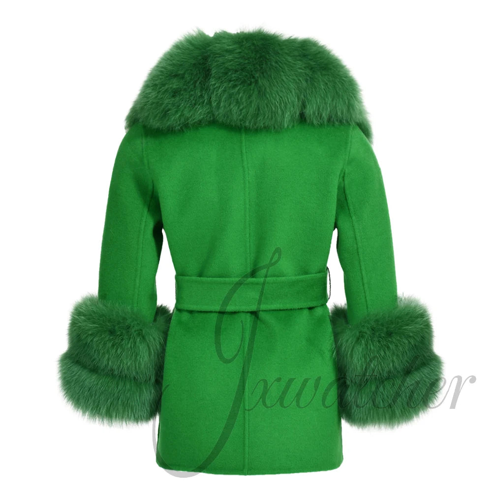 Jxwatcher Girls' Cashmere Wool Winter Coat with Luxurious Real Fox Fur Collar-Mid-Length Fashion Overcoat for Autumn & Casual Wear.