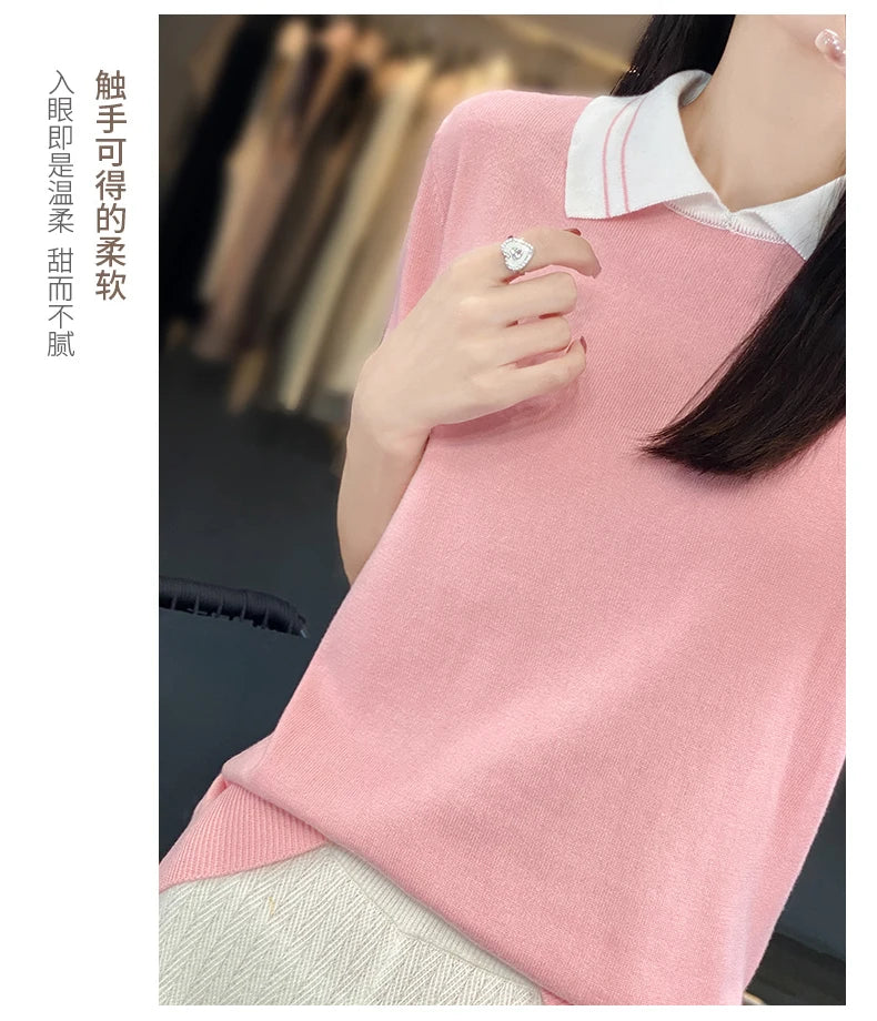 New 100% Pure Cotton Knit Casual Doll collar Pullover Short Women's T-shirt Summer sleeved POLO Neck Loose Fashion Top T-shirt