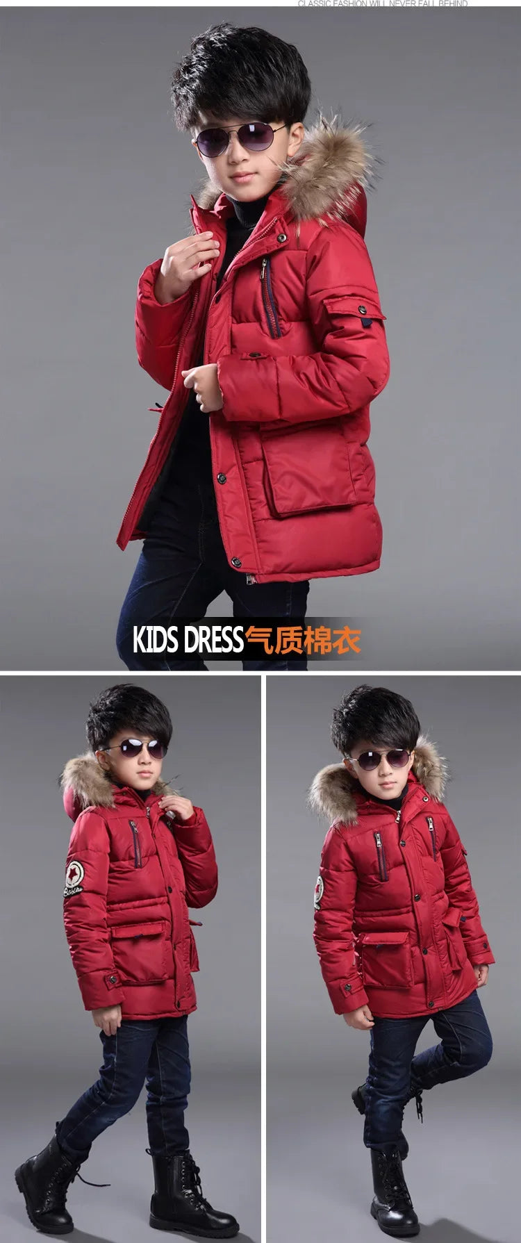 NoEnName_Null Boys' Hooded Plus Velvet Jacket-Warm Mid-Length Coat for Ages 4-10.