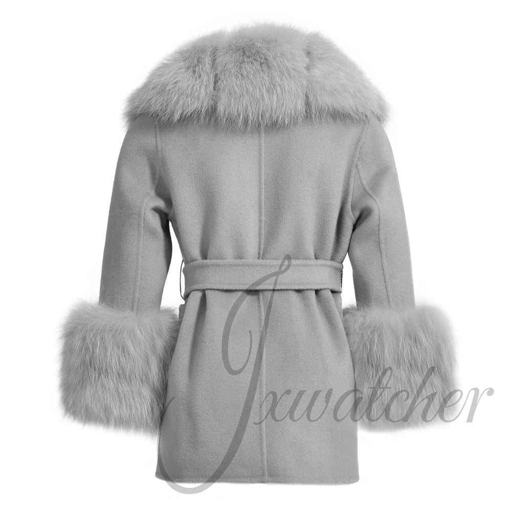 Jxwatcher Girls' Cashmere Wool Winter Coat with Luxurious Real Fox Fur Collar-Mid-Length Fashion Overcoat for Autumn & Casual Wear.