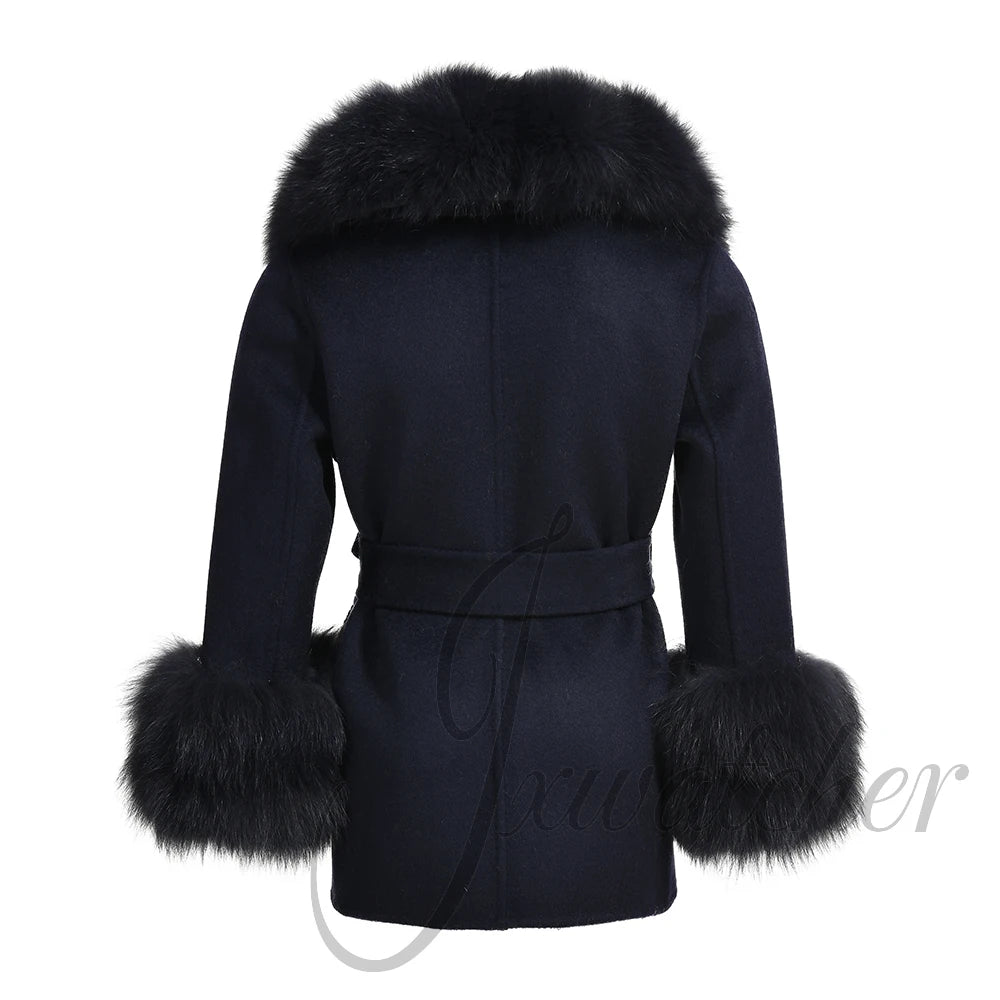 Jxwatcher Girls' Cashmere Wool Winter Coat with Luxurious Real Fox Fur Collar-Mid-Length Fashion Overcoat for Autumn & Casual Wear.