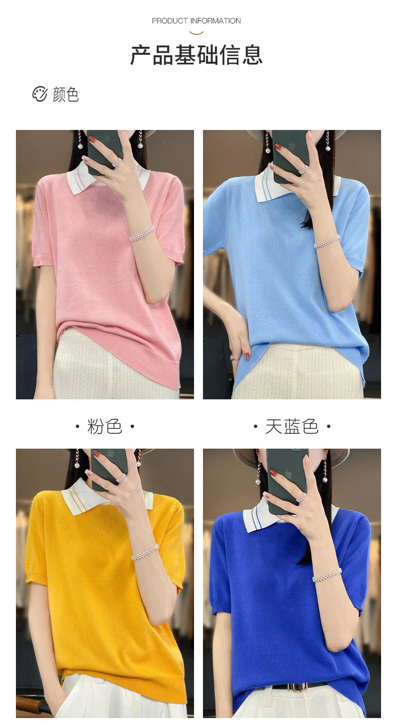 New 100% Pure Cotton Knit Casual Doll collar Pullover Short Women's T-shirt Summer sleeved POLO Neck Loose Fashion Top T-shirt