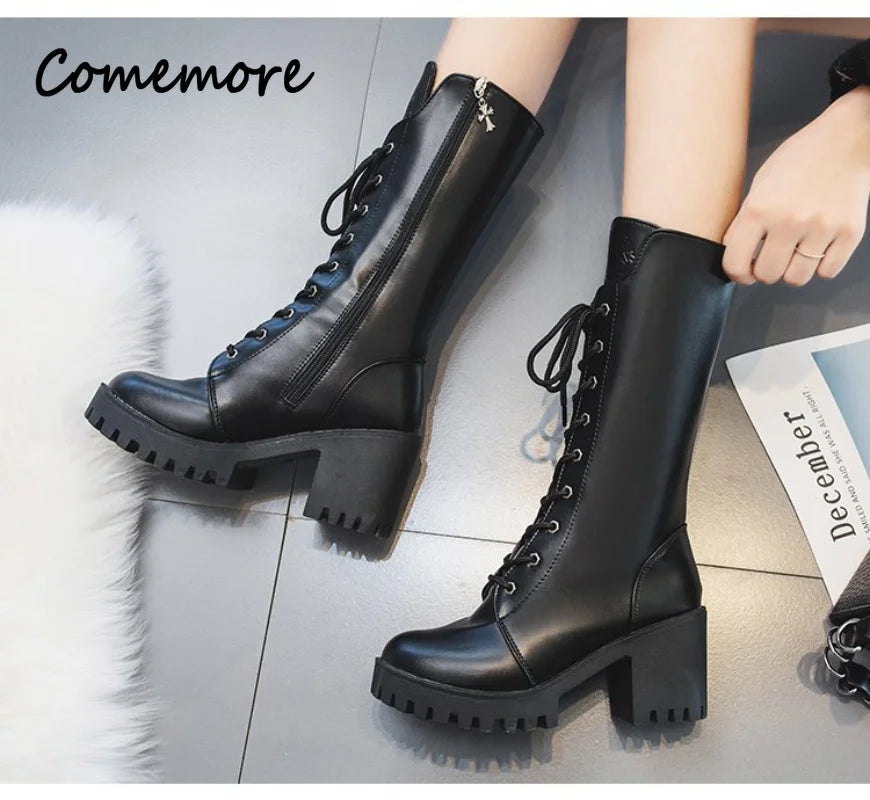 Comemore 2022 New Winter Mid-calf  Motorcycle Women's Short Boot Gothic Square Heel.