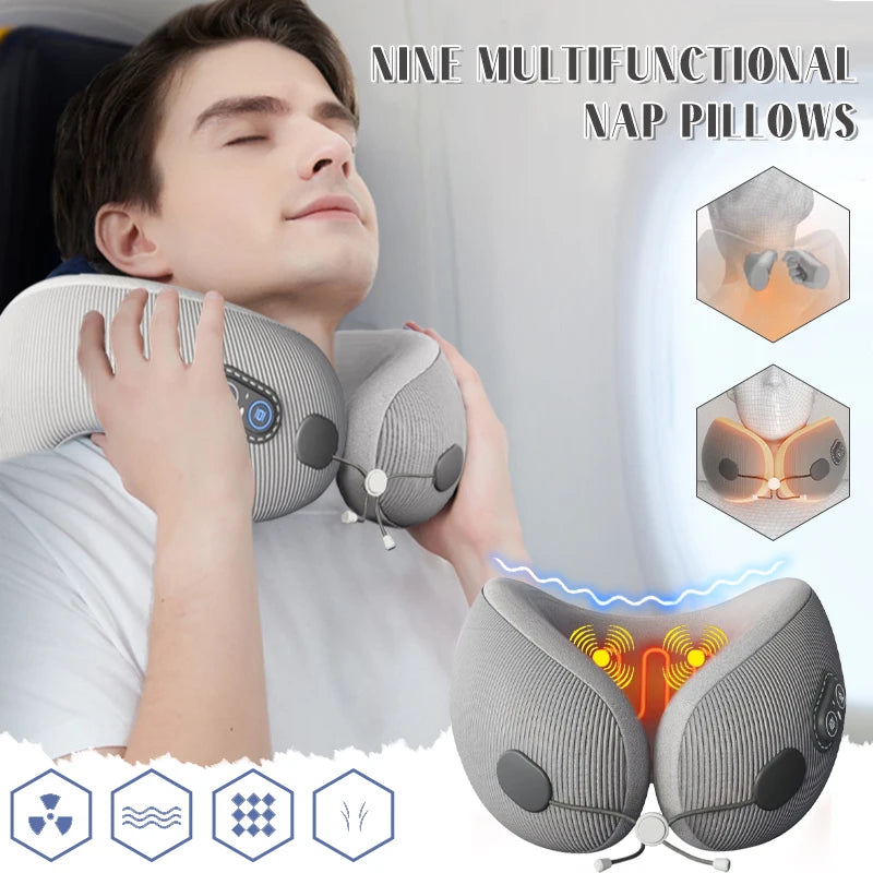 Portable U-Shaped Travel Pillows For Airplanes 3mode Heated Massage Memory Foam Ergonomic Neck Pillows For Pain Relief Sleeping