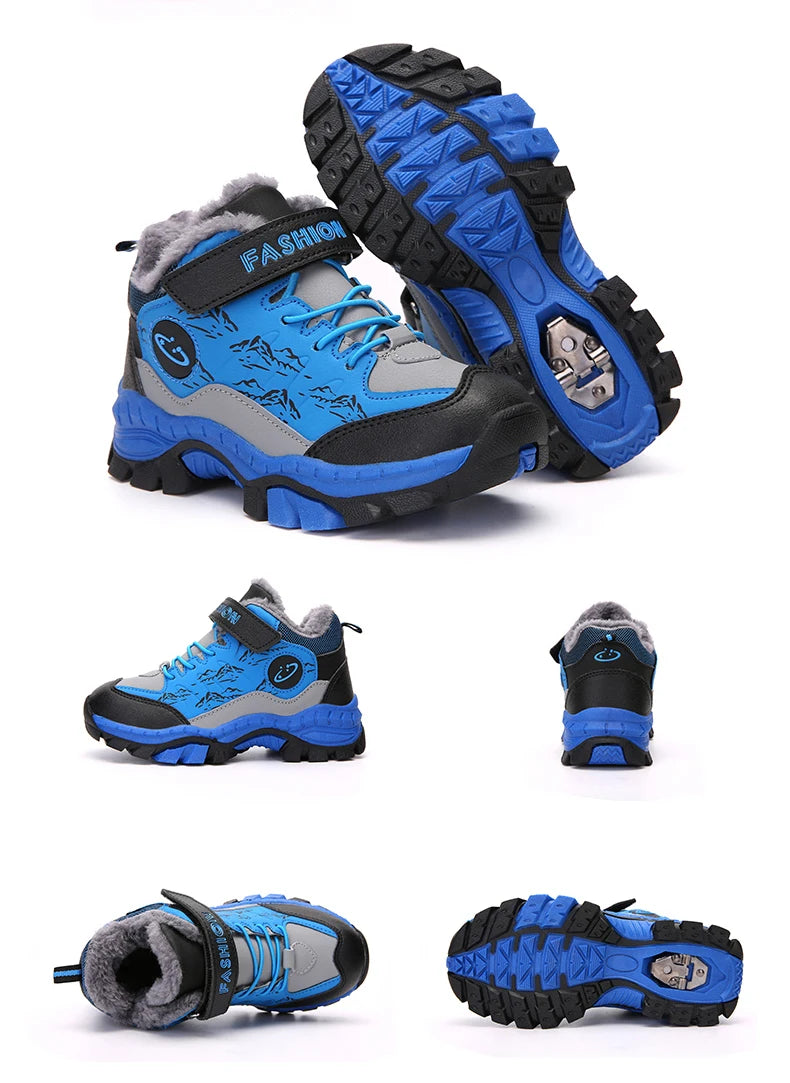 BOELOKTH Stylish Winter Boy Boots-Non-Slip Plush Sneakers for Kids / Cozy Snow & Hiking Shoes for Outdoor Adventures.