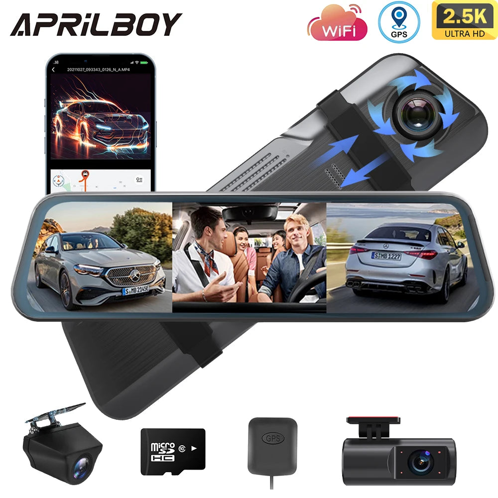 Aprilboy 10‘’ 3 Cameras 2.5K Mirro car Dash Cam Rearview Mirror Infrared Night vision loop recording Streaming media WIFI dvrcar