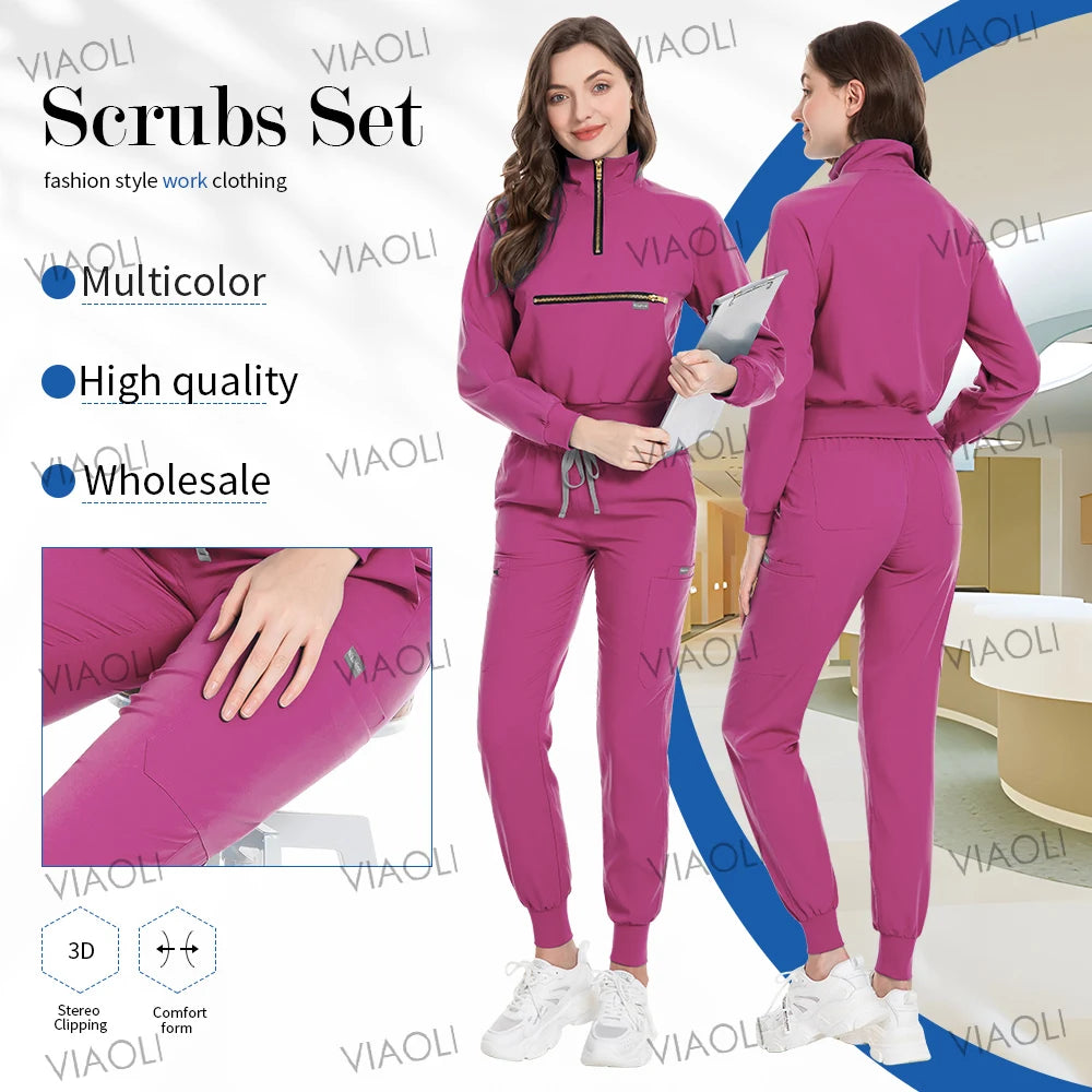 VIAOL High-Performance Medical Scrubs-Long Sleeve Jacket & Jogging Pants Set.