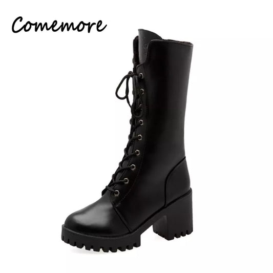 Comemore 2022 New Winter Mid-calf  Motorcycle Women's Short Boot Gothic Square Heel.