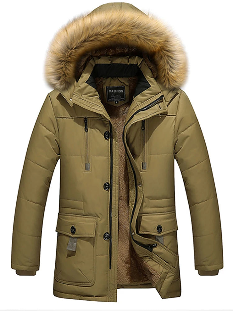 2024 Traf Men's Winter Fashion Hooded Cotton-Padded Jacket with Raccoon Collar-Medium Length, Plus Size, Fleece-Line Ultimate Comfort.