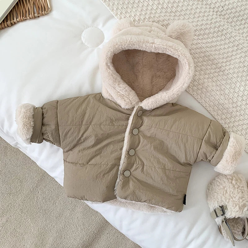 Kids-Baby Girl Winter Clothes Jacket Thick Cartoon Bear Hooded Lamb Collar Infant Child Warm Cotton Coat.