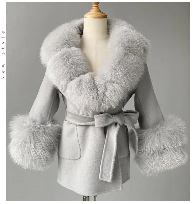 Jxwatcher Girls' Cashmere Wool Winter Coat with Luxurious Real Fox Fur Collar-Mid-Length Fashion Overcoat for Autumn & Casual Wear.