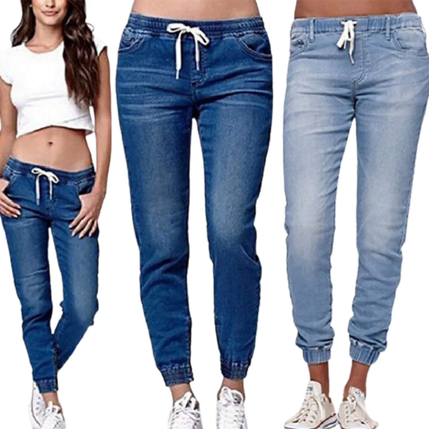 High-Waisted Casual Jogger Elastic Sexy Skinny Pencil Drawstring Jeans For Women.