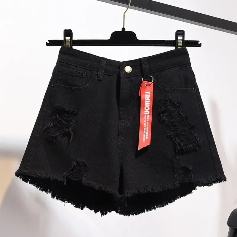 Women Summer High Waist Hole Ripped Denim Jeans Shorts Plus Size Pocket Tassel.