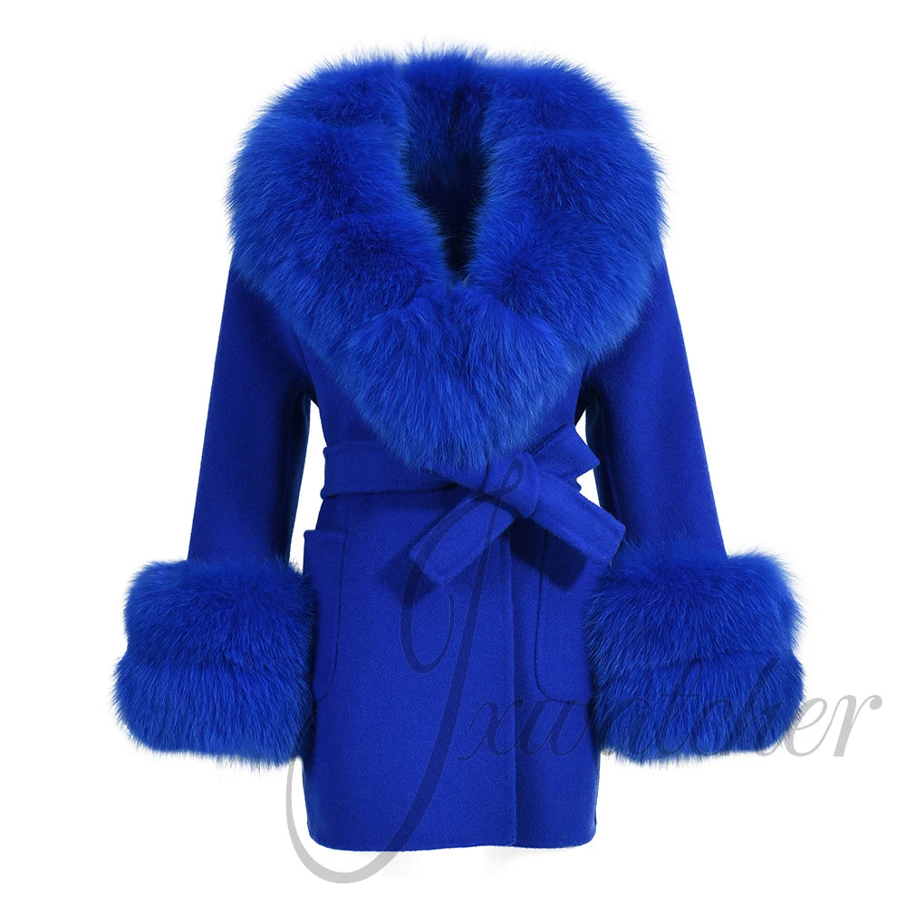 Jxwatcher Girls' Cashmere Wool Winter Coat with Luxurious Real Fox Fur Collar-Mid-Length Fashion Overcoat for Autumn & Casual Wear.