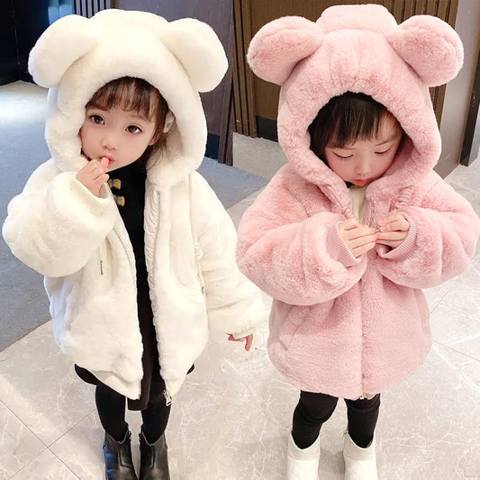 Cute Big Ear Plush Hooded Baby Jacket-Warm Faux Fur Coat for Girls ( Ages 1-5 )-Perfect Autumn & Winter Outerwear.