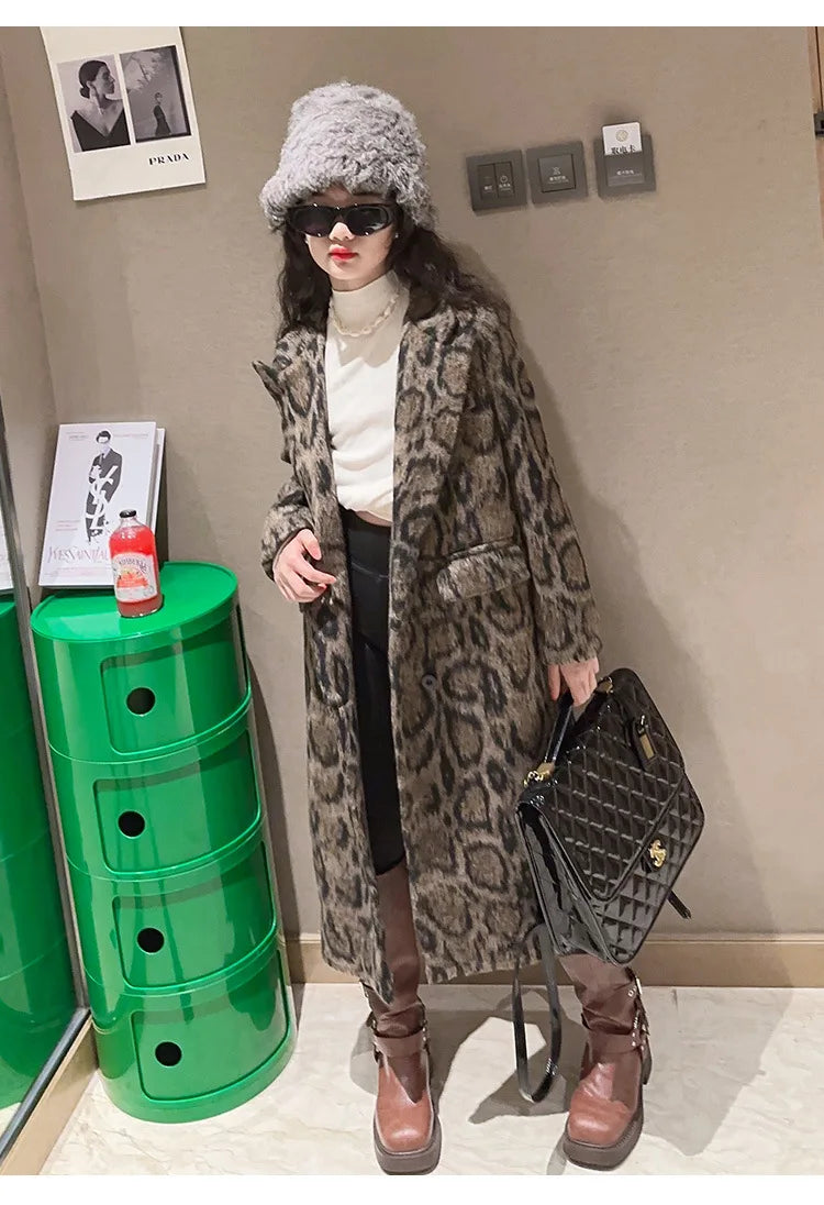 Macamp Teenage Girls' Chic Leopard Print Tweed Coat-Cozy & Stylish Long Outerwear for Autumn/Winter 2023