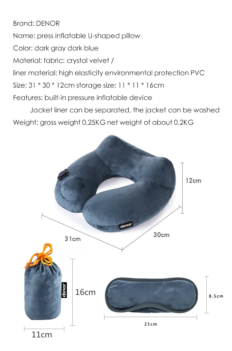 DENOR Press-inflatable neck U-shaped pillow soft and comfortable crystal velvet ergonomic cervical pillow portable travel pillow