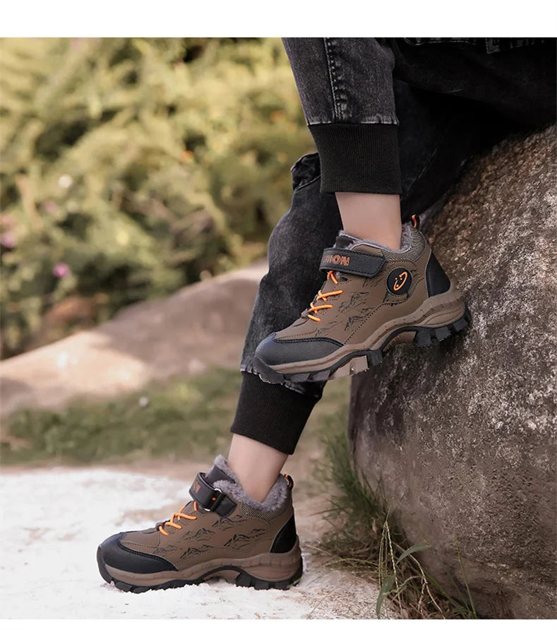 CINESSD Stylish Winter Camp Boys Mountain Climbing Shoes-Durable Hook & Loop Sports Sneakers for Adventurous Kids.