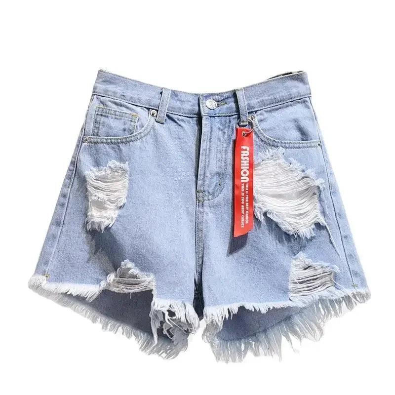 Women Summer High Waist Hole Ripped Denim Jeans Shorts Plus Size Pocket Tassel.