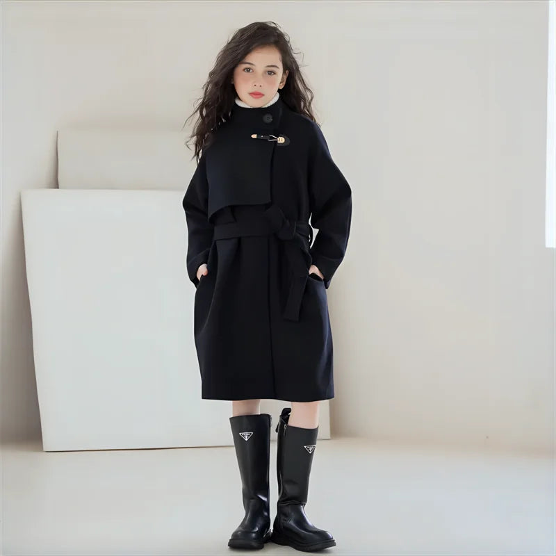 Girls' Elegant Black Mid-length Double-Face Tweed Overcoat-Stylish Winter Wool Outerwear for Ages 10-14.