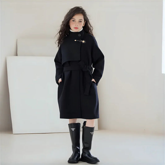 Girls' Elegant Black Mid-length Double-Face Tweed Overcoat-Stylish Winter Wool Outerwear for Ages 10-14.