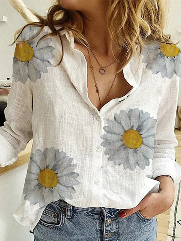 Women Elegant Cotton Linen Spring Summer Long Sleeve Tunic Blouse Shirts.