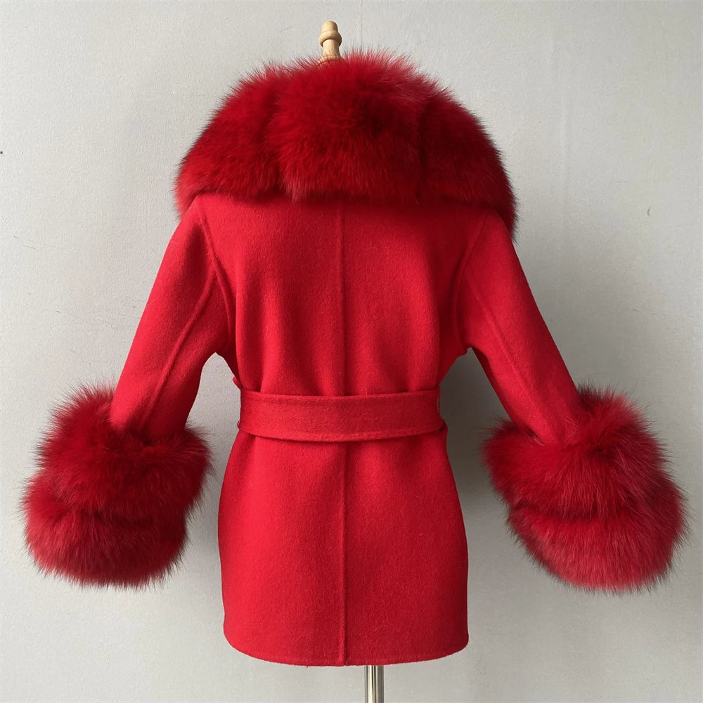 Jxwatcher Girls' Cashmere Wool Winter Coat with Luxurious Real Fox Fur Collar-Mid-Length Fashion Overcoat for Autumn & Casual Wear.